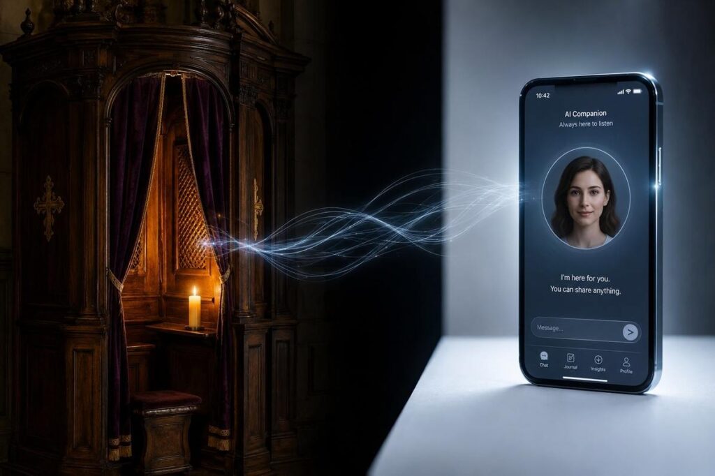 Split composition showing traditional confessional booth and glowing smartphone with AI chatbot connected by digital threads