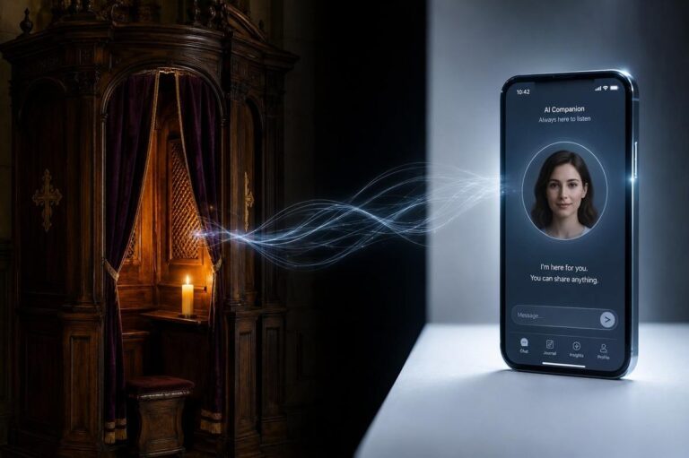 Split composition showing traditional confessional booth and glowing smartphone with AI chatbot connected by digital threads