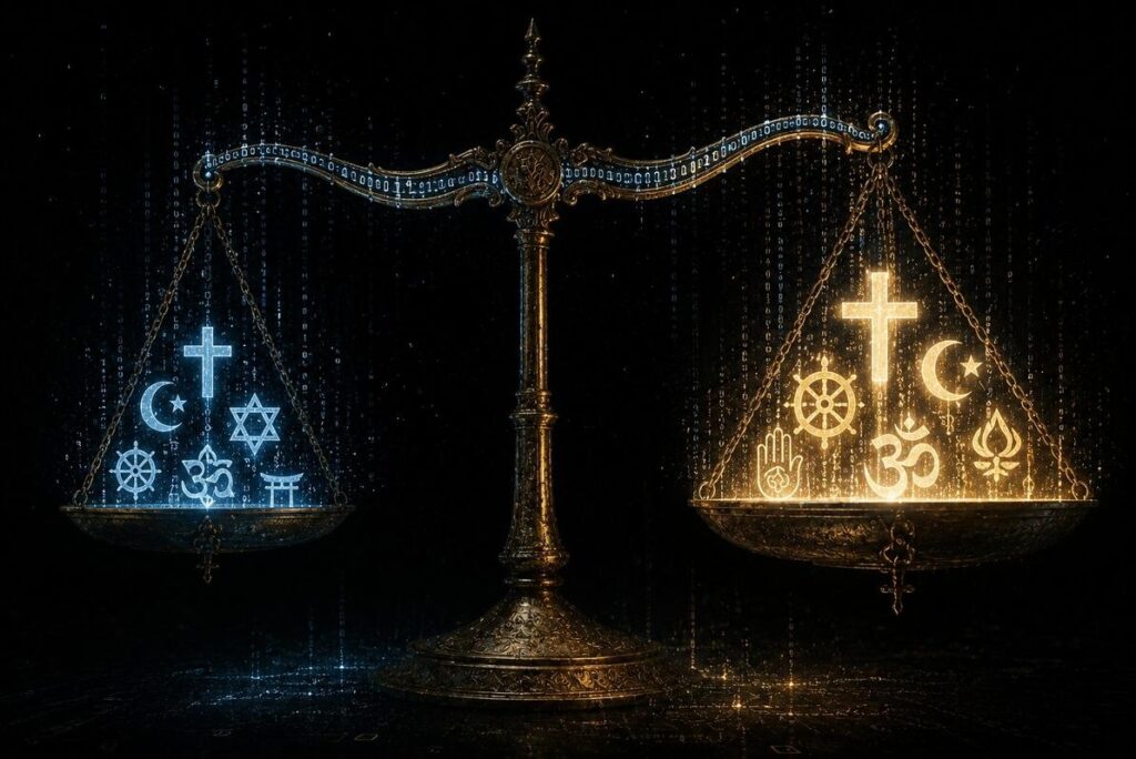 Antique brass scales with holographic religious symbols on each side, one side visibly heavier and brighter, with data streams flowing through the balance beam.