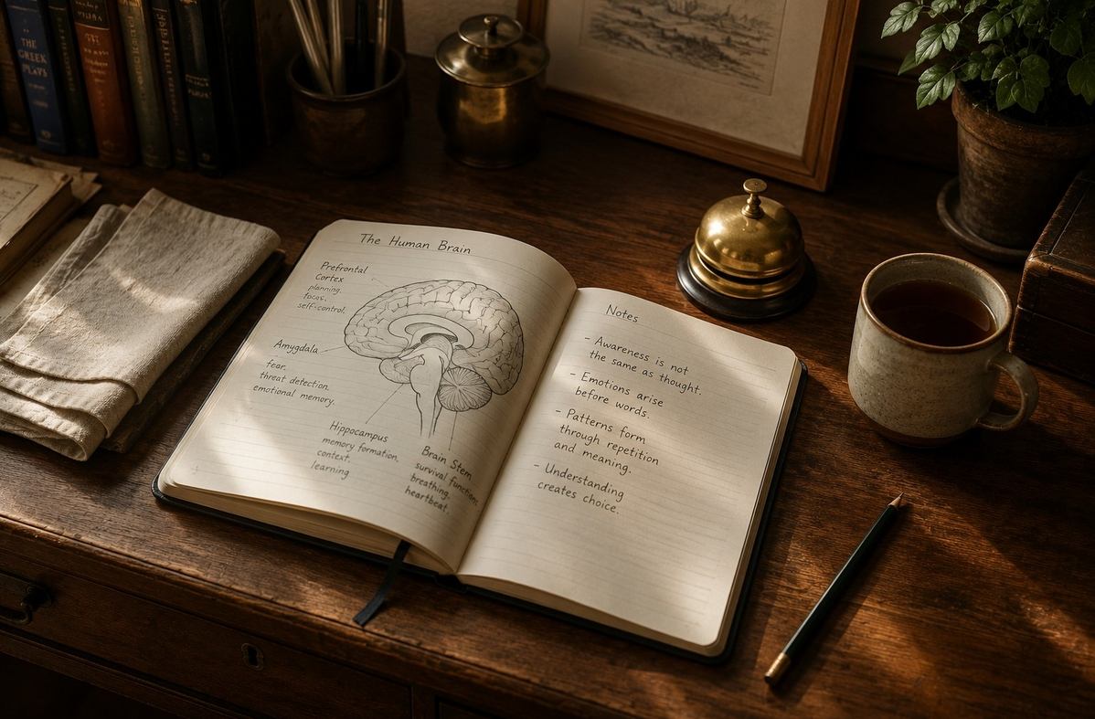 A small brass bell beside a sketch of a brain on a wooden desk, symbolising the amygdala as an alarm system