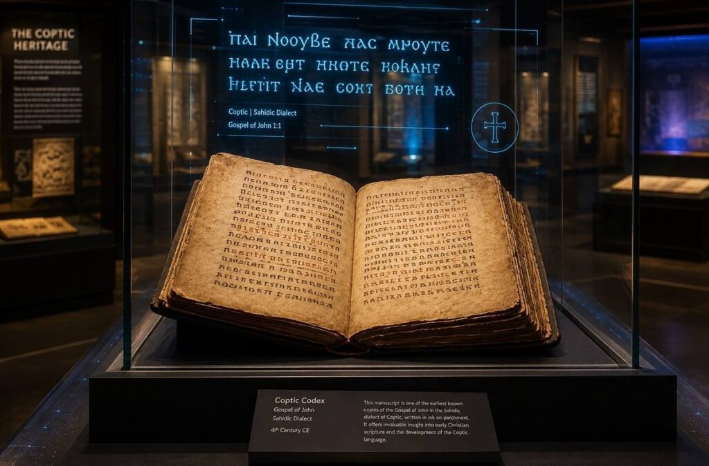 Ancient Coptic codex in museum glass case with digital holographic text overlay