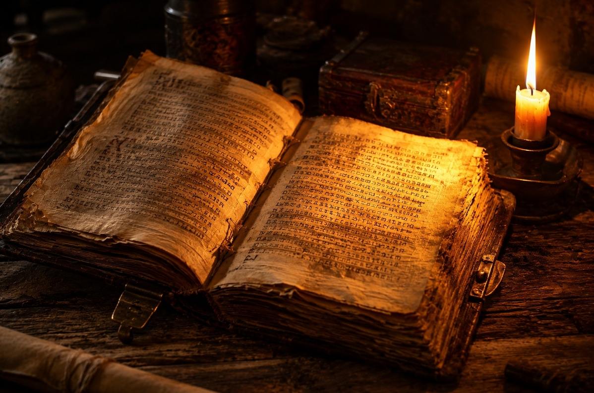 An open ancient codex with papyrus pages glowing with soft golden light beside a single candle