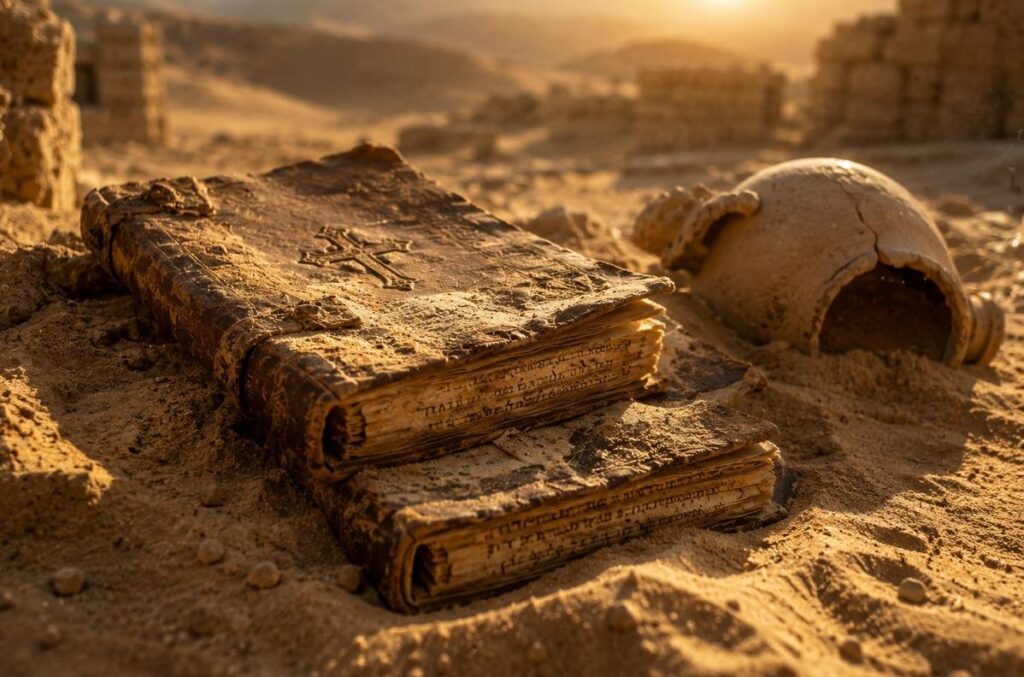 Ancient leather-bound Coptic codices partially buried in golden desert sand with a cracked earthenware jar nearby.