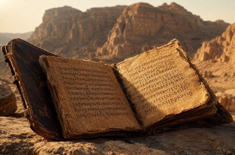 An ancient leather-bound papyrus codex resting open on desert stone with golden light illuminating Coptic script