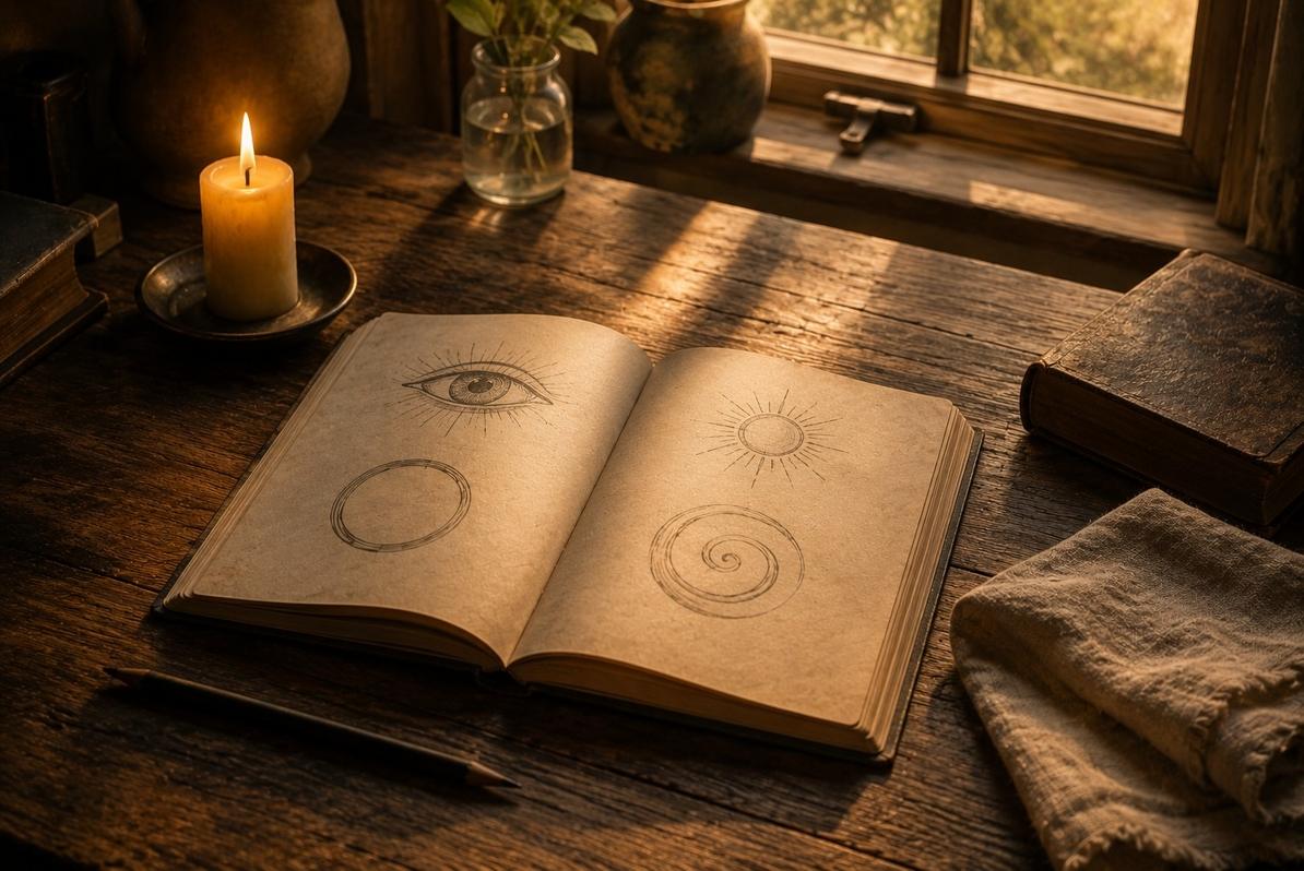 A table with simple symbolic sketches of an eye, circle and light, beside a candle and notebook, representing ancient maps of inner vision