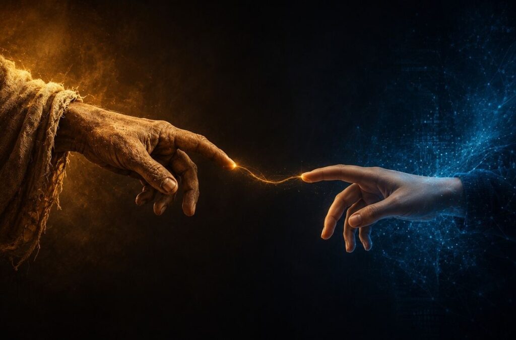 Two hands reaching across a void, one ancient and one modern, connected by a golden thread of light, symbolising continuity between ancient and Neo Gnosticism.