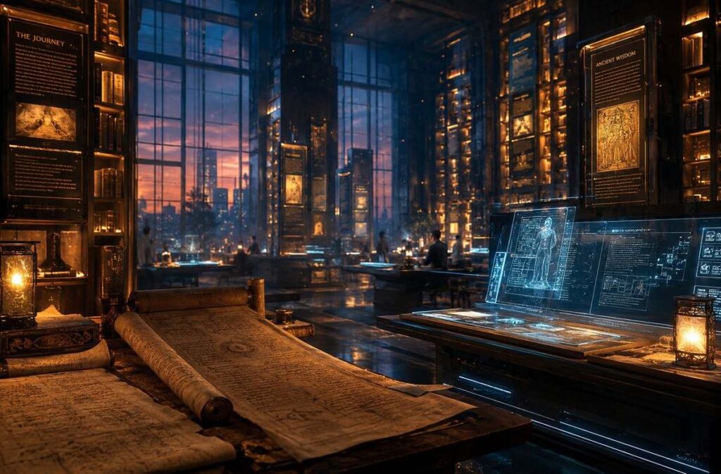 Ancient papyrus scrolls beside holographic displays in a modern library at twilight