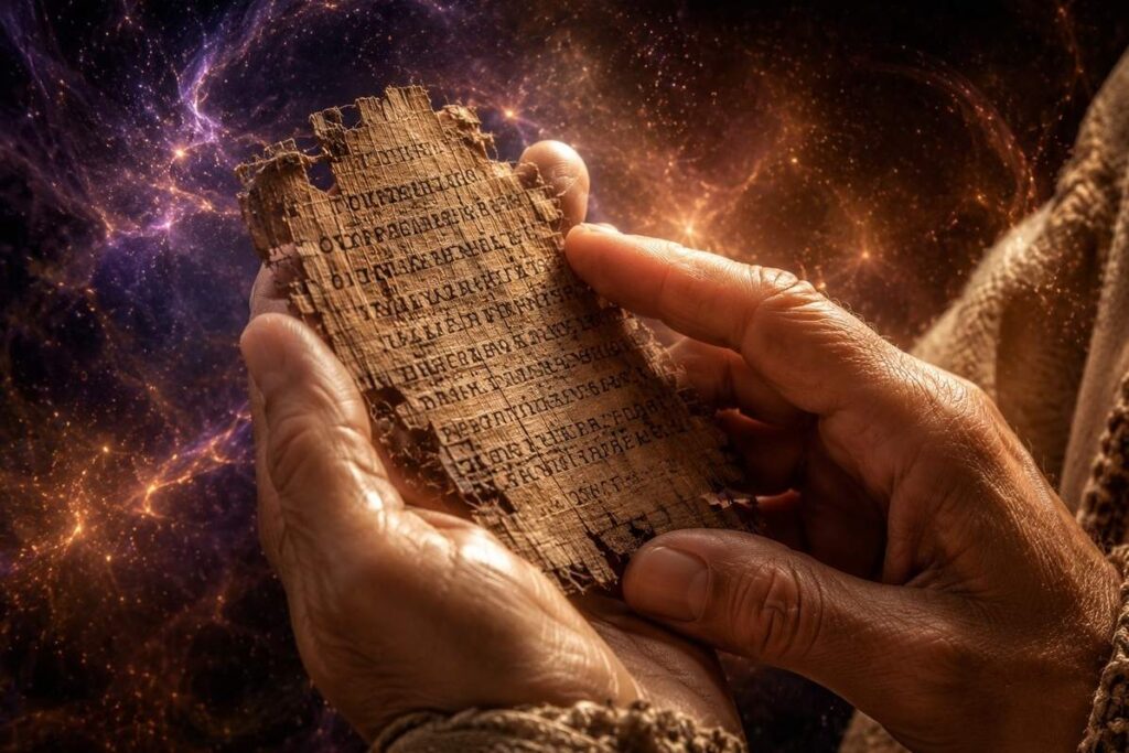Human hands gently holding an ancient Coptic papyrus fragment against swirling nebula light, symbolising direct knowing through sacred texts