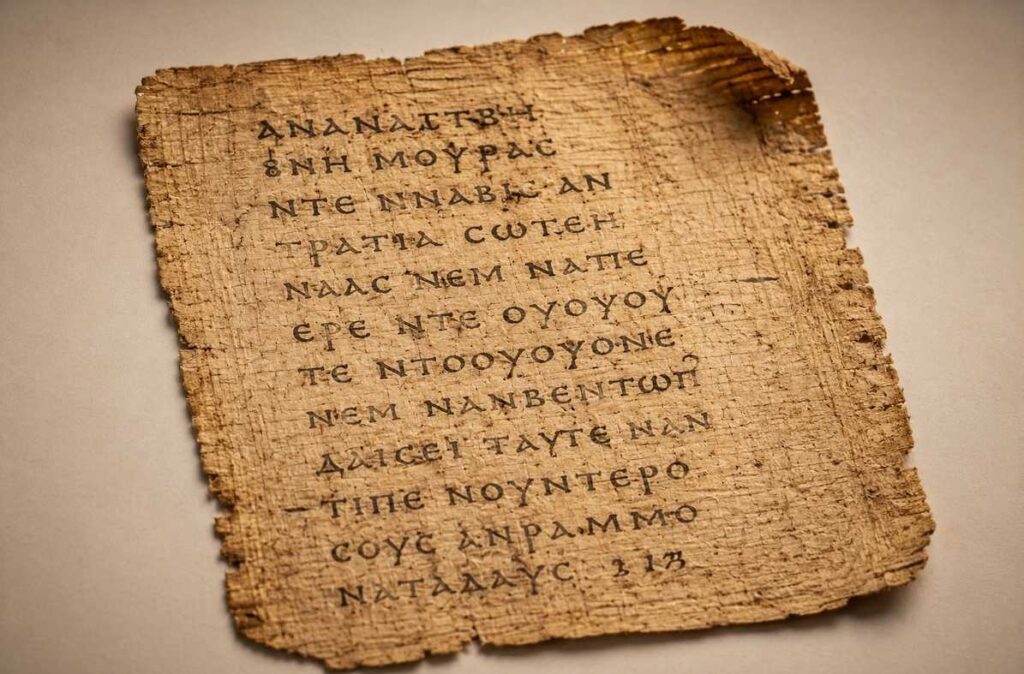 Single ancient papyrus leaf with Sahidic Coptic script representing one tractate