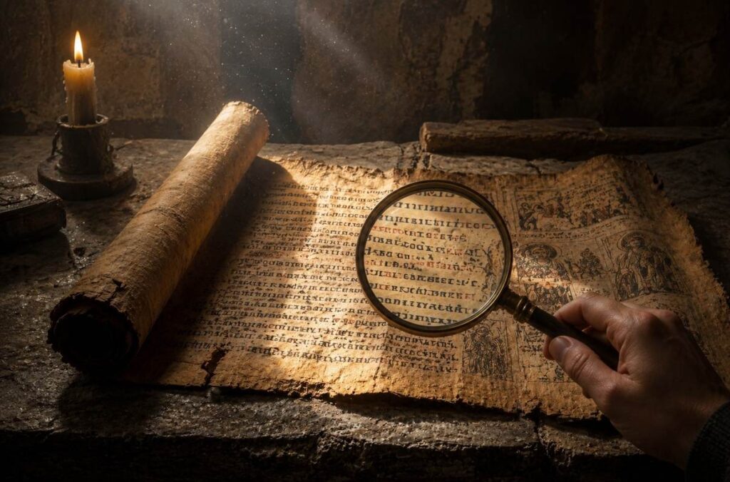 Ancient Coptic papyrus manuscript illuminated by candlelight with a modern hand holding a magnifying glass, symbolising symbolic interpretation