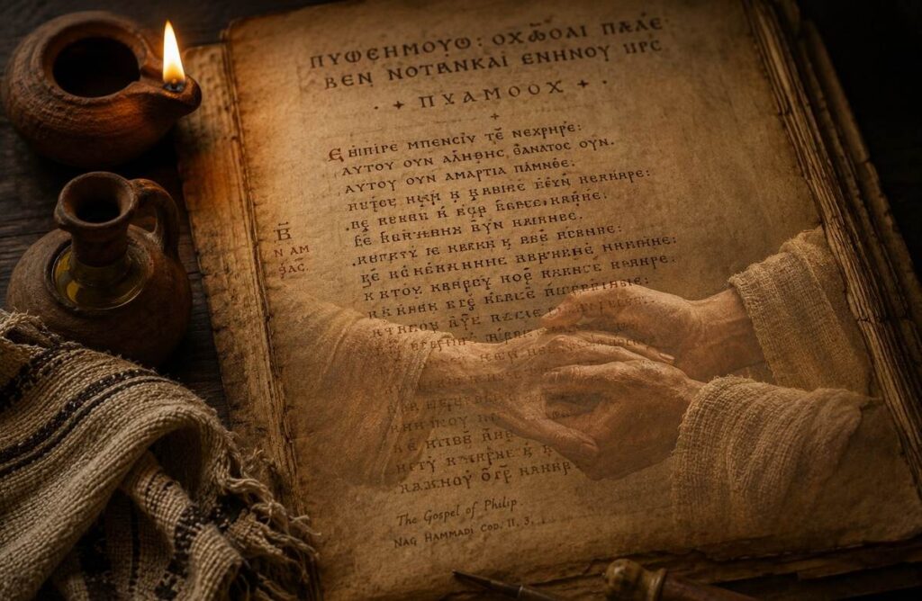 Ancient manuscript page illuminated by candlelight with Coptic script and sacramental objects.