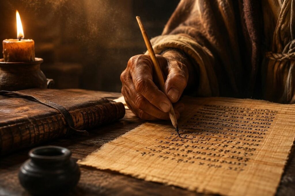 Ancient scribe holding a reed pen over papyrus in a candlelit scriptorium