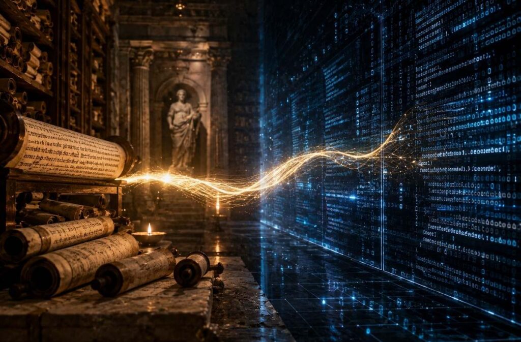 Ancient Alexandrian library scrolls on one side and modern digital code streams on the other, connected by a golden thread.