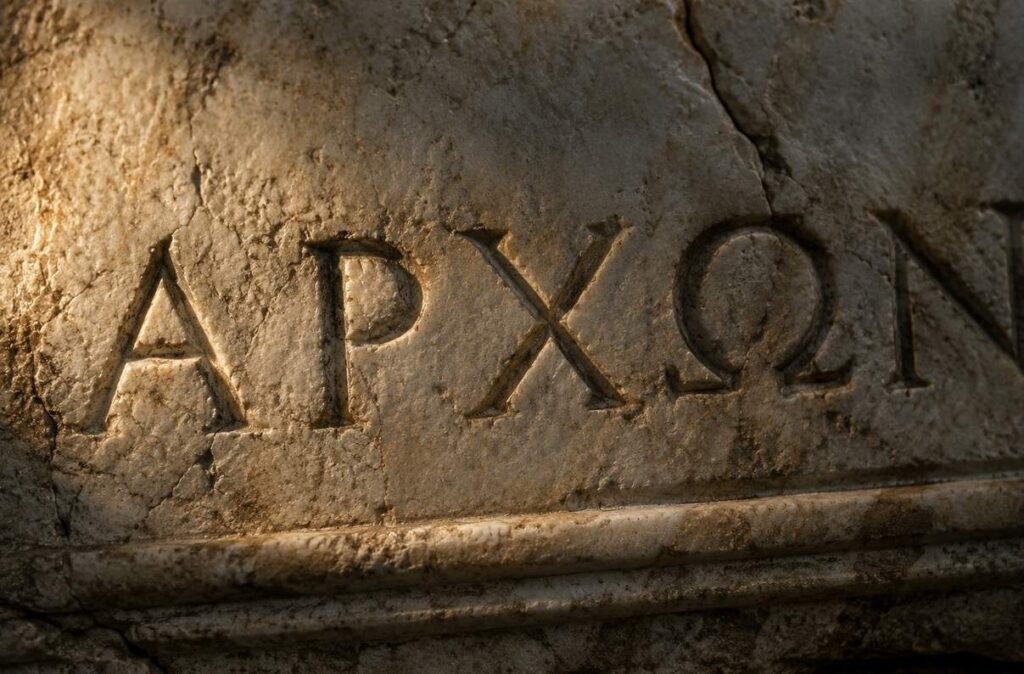 Close-up of ancient Greek inscription showing the word ARCHON on cracked marble.