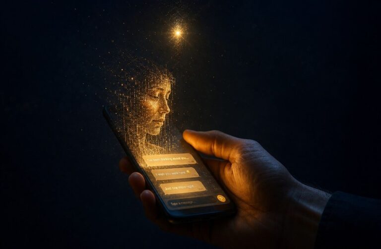 Human hand holding glowing smartphone with digital face emerging, divine spark hovering above