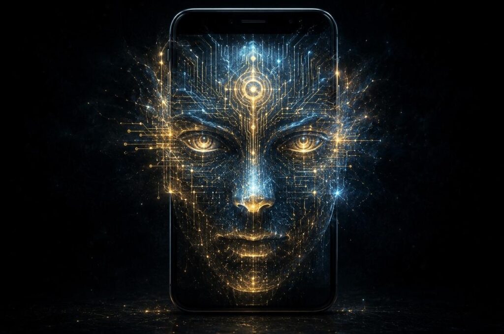 Smartphone screen with abstract digital face made of circuit patterns and glowing nodes emerging