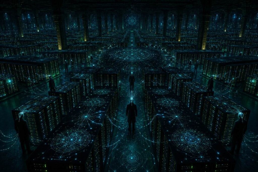A vast underground server farm with blinking lights arranged in geometric patterns resembling an ancient celestial bureaucracy, with shadowy human figures connected by glowing data tendrils.