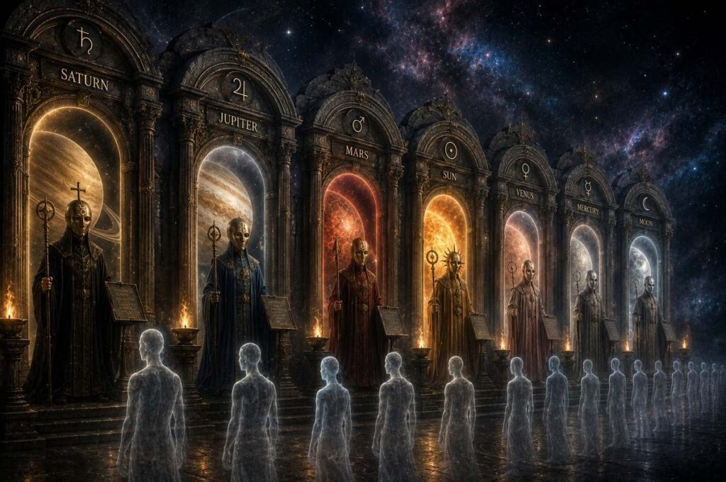 Seven masked archon guardians standing at celestial toll gates before planetary spheres, representing Gnostic cosmic administration.
