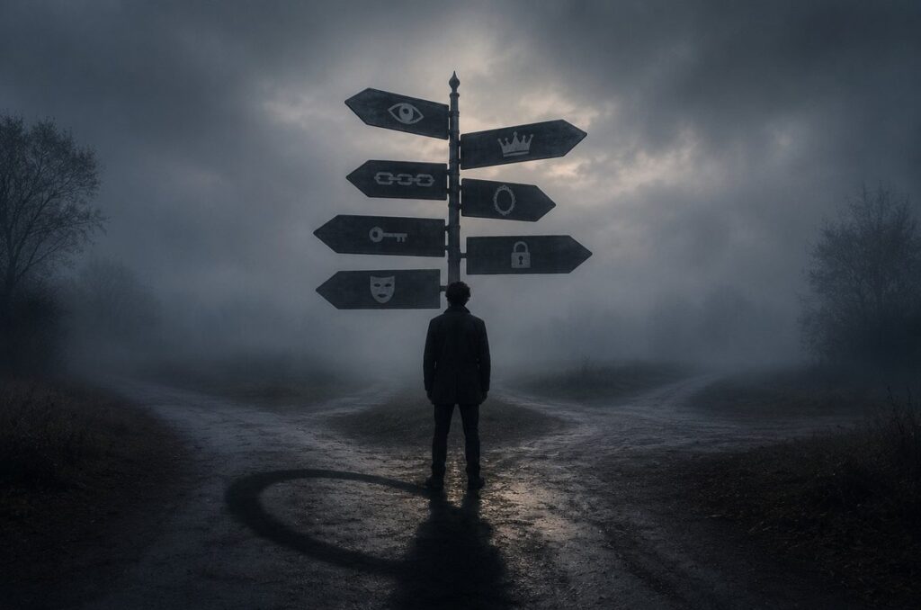 Human figure at a foggy crossroads with seven road signs pointing different directions.