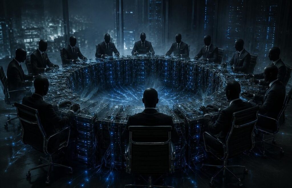 Featureless figures in business suits seated around a circular table of glowing screens and data cables, representing modern archonic power