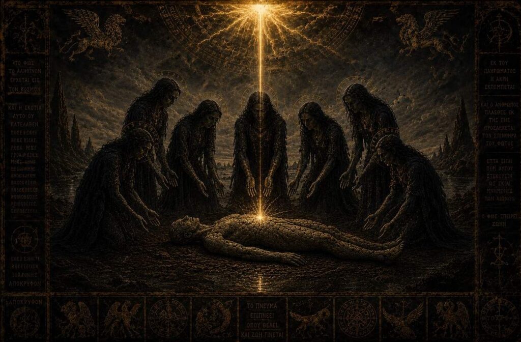 Seven shadowy androgynous figures gather around a clay human form while a divine spark descends from above