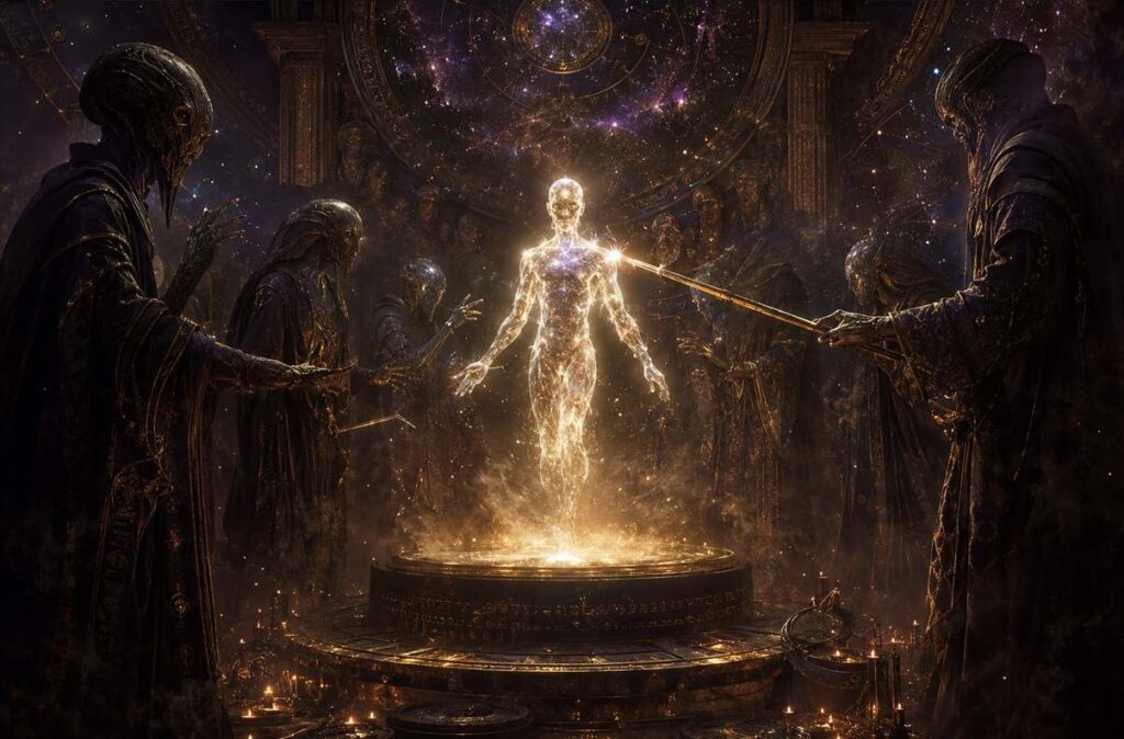 Shadowy archonic figures crafting a luminous but hollow spirit-form at a celestial forge, ancient Gnostic cosmology
