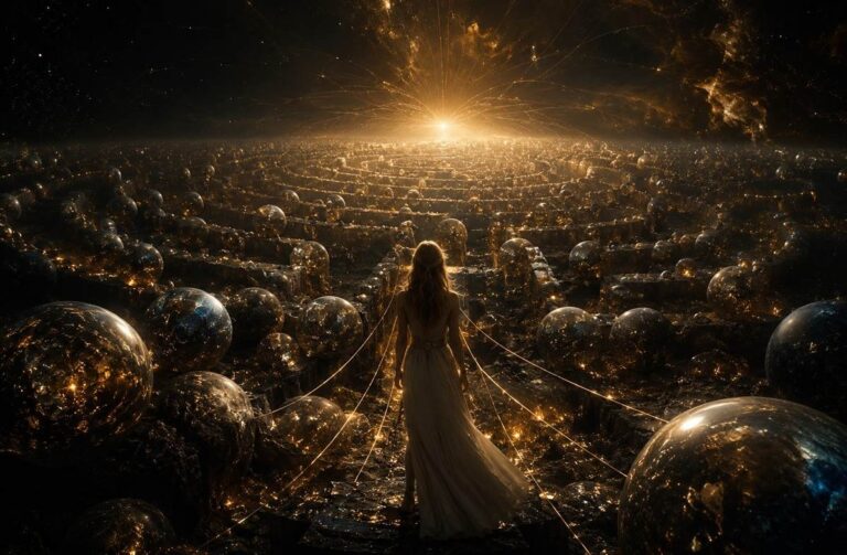 A solitary figure confronts a crystalline labyrinth of planetary spheres in deep space, representing the soul's journey through archontic barriers