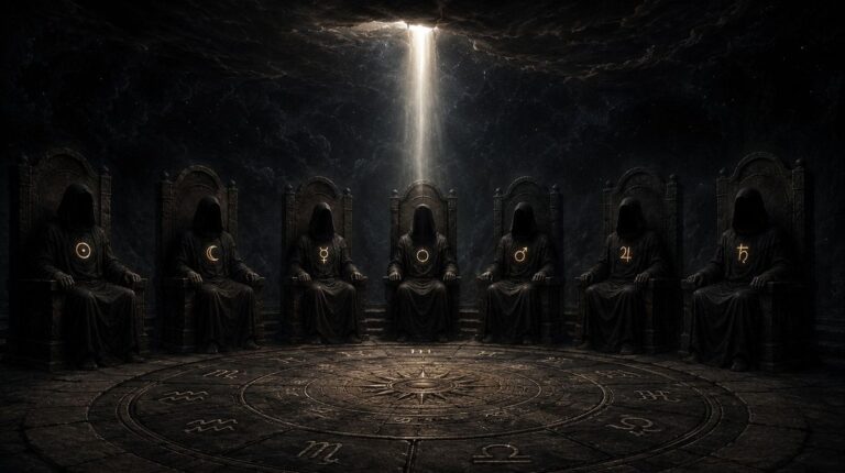 Seven shadowed thrones with faceless robed figures and planetary symbols, a crack in the cosmic ceiling above.