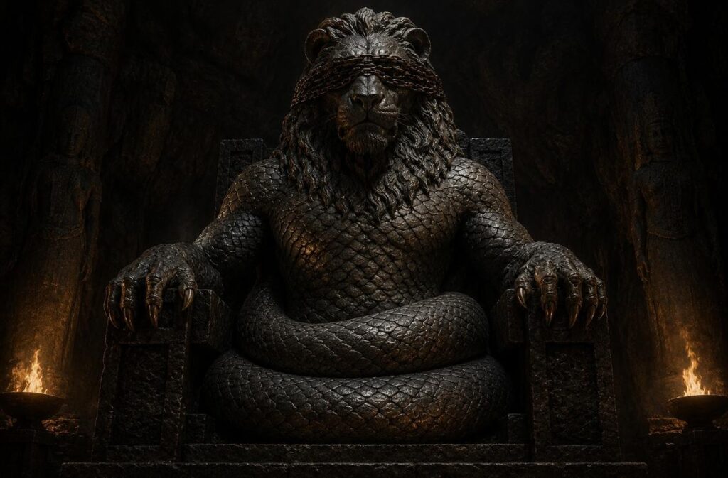 Colossal lion-headed serpent statue blindfolded with bronze chains, seated on black stone throne.