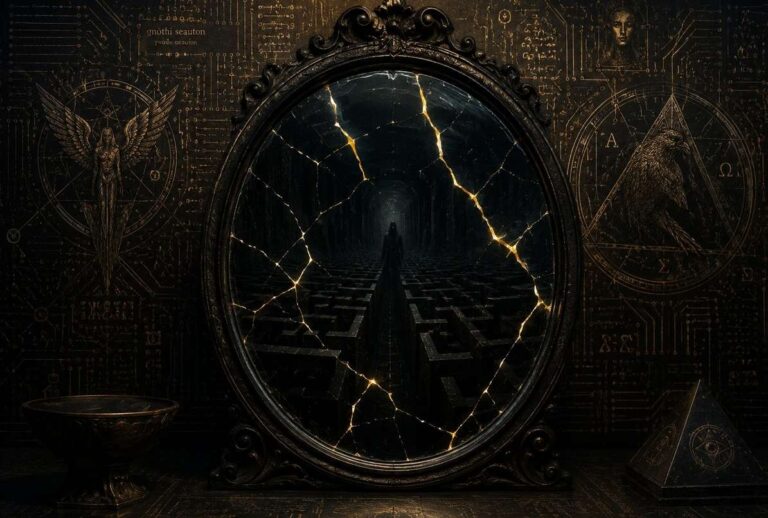 A cracked obsidian mirror reflecting a shadowy geometric labyrinth with golden light bleeding through fractures.