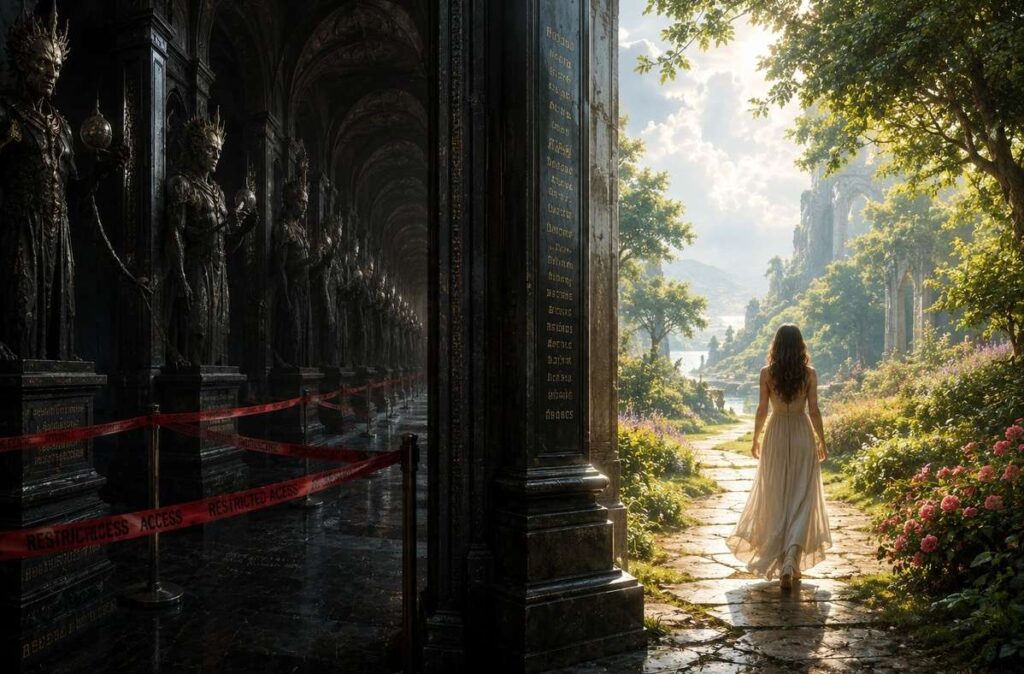 Split composition contrasting dark bureaucratic corridor with sunlit garden, symbolising the choice between karmic systems and sovereign liberation.