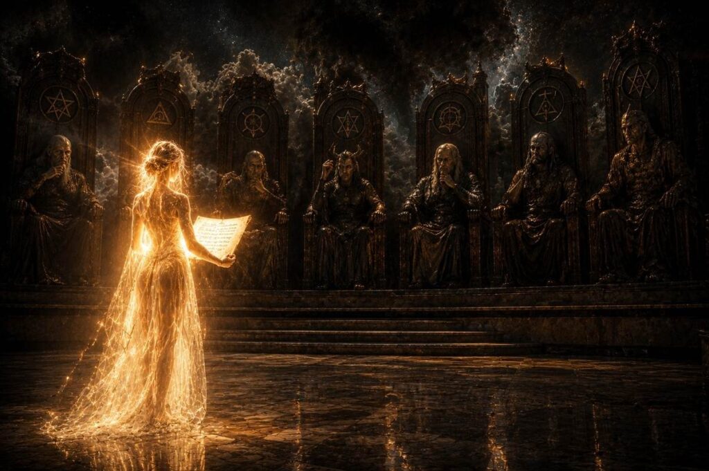 A luminous soul standing before seven archon judges in a dark celestial courtroom