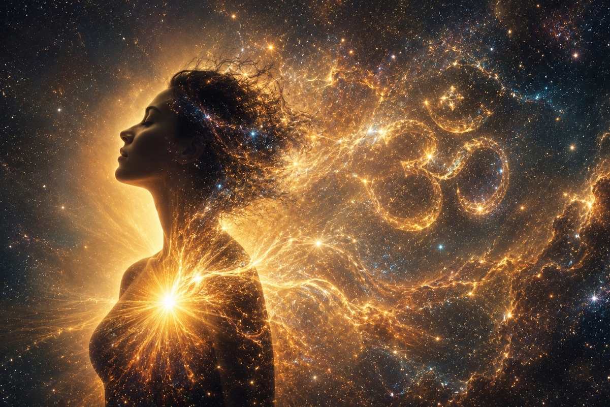 Human figure dissolving into infinite starfield with golden light, representing Atman-Brahman identity