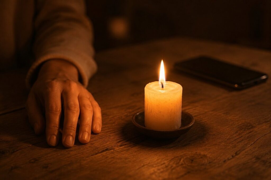 A lit candle beside a face-down smartphone on a wooden table, symbolising attention returning from digital distraction.