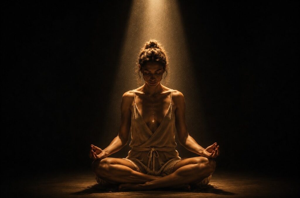 A single beam of warm golden light illuminating a meditating figure in an otherwise dark room, representing attention as the primary technology of consciousness.