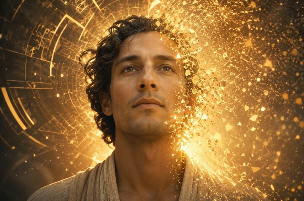 A contemplative figure with eyes open in clear awareness, geometric patterns dissolving into light around them.