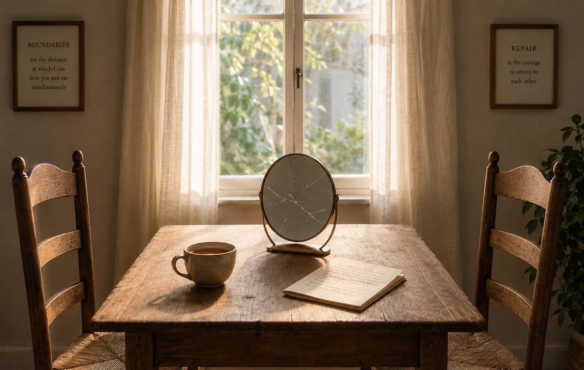 Two simple wooden chairs facing each other across a table with a cracked mirror, cup of tea and folded note in warm morning light