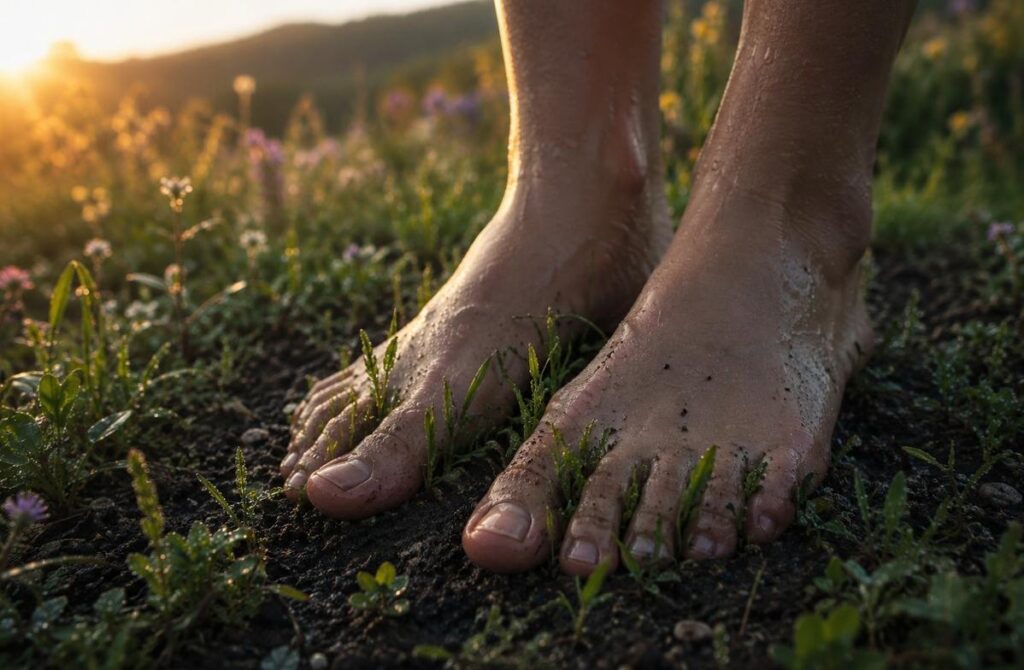 Bare feet standing on rich dark soil with green shoots growing between toes in golden light