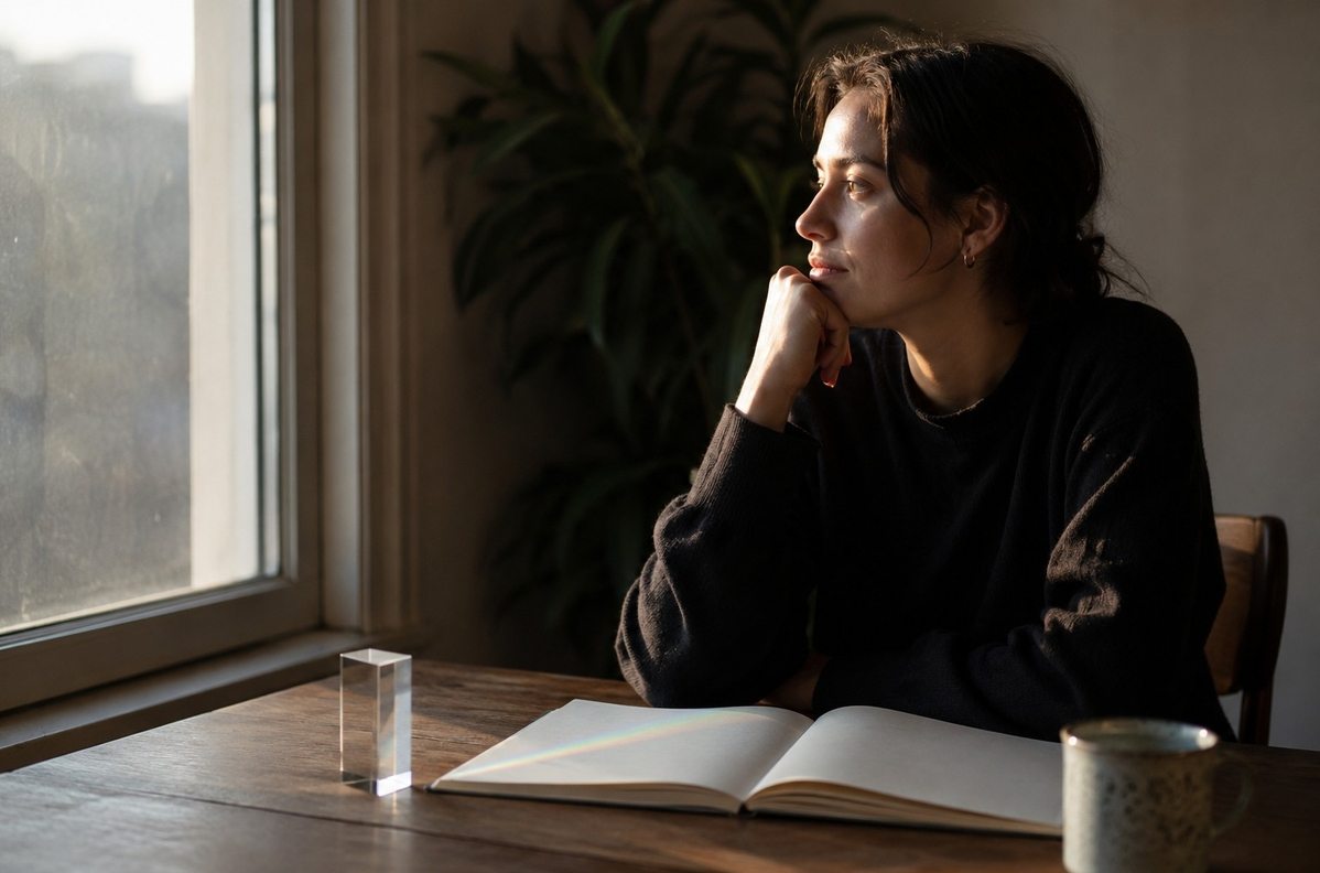 A person seated quietly beside a window at dawn with an open notebook and a small prism casting light, symbolising inner vision and expanded perception