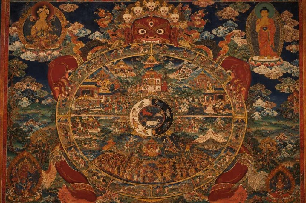 Traditional Tibetan thangka painting of the Bhavacakra wheel of samsara with its six realms