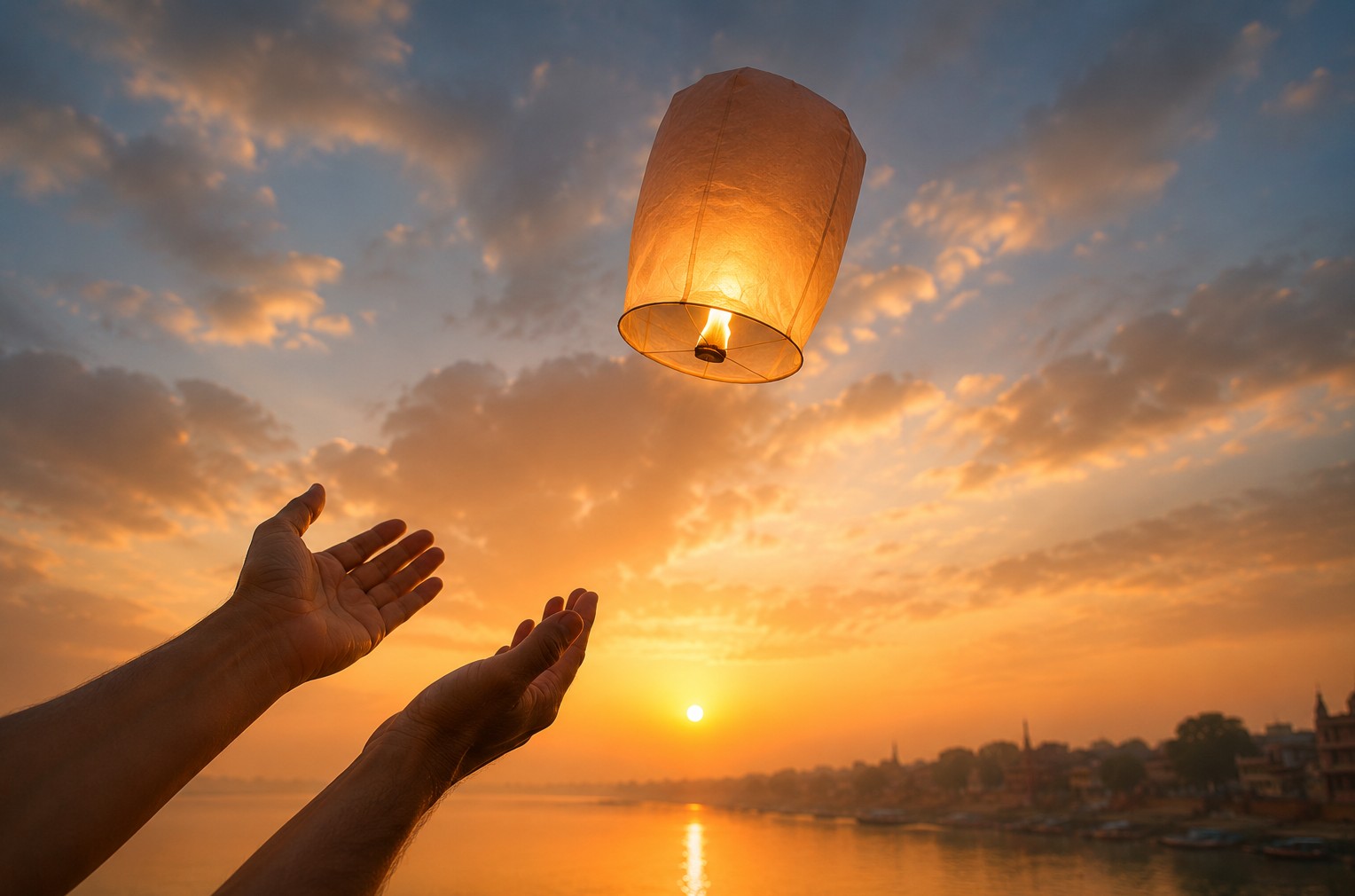 Two open hands releasing a small paper lantern into dawn light with no strings attached