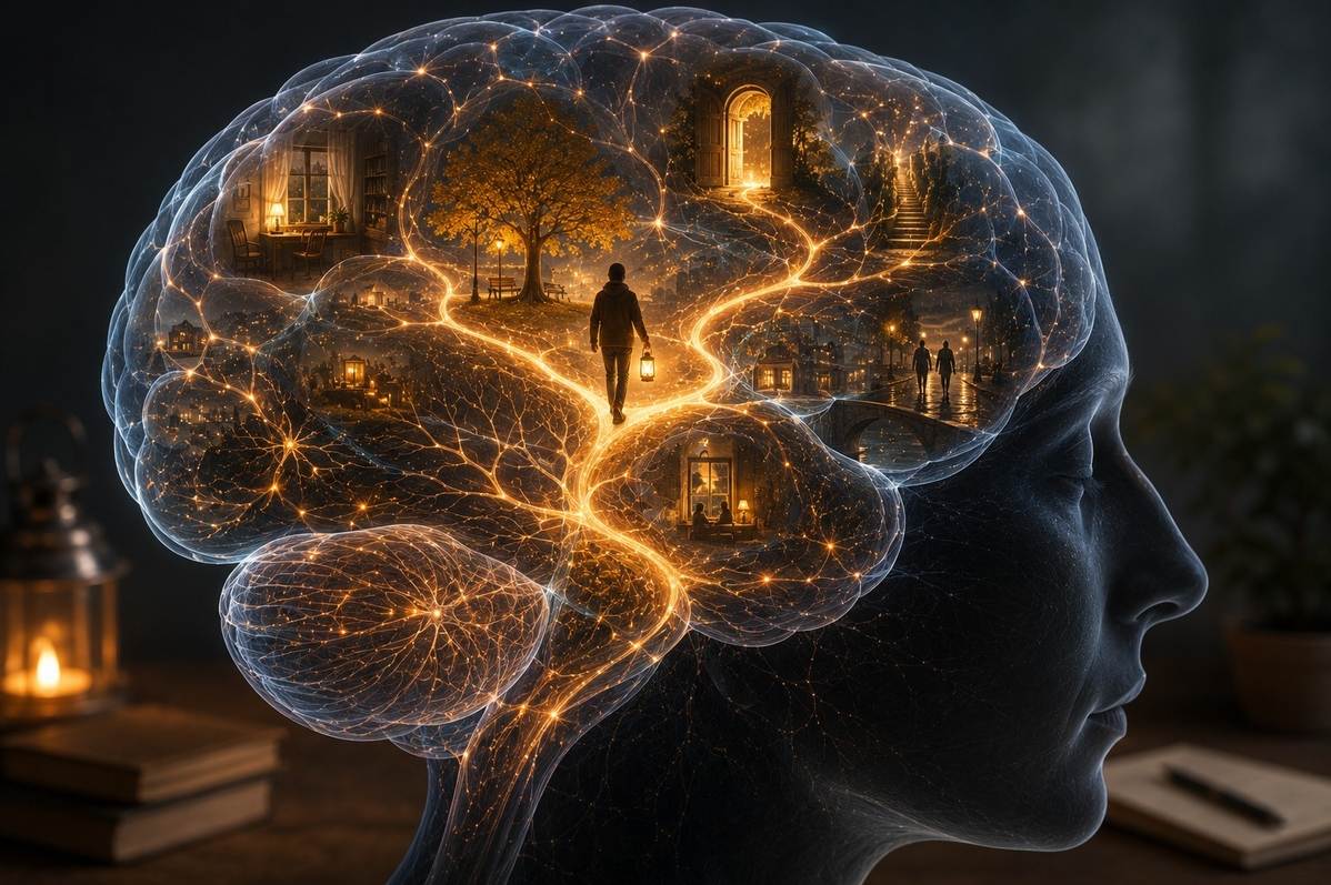 A translucent brain with glowing neural pathways and a small figure walking through them with a lantern