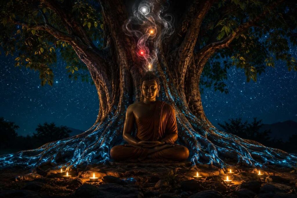 Buddha in meditation beneath Bodhi tree with three flames fading into smoke