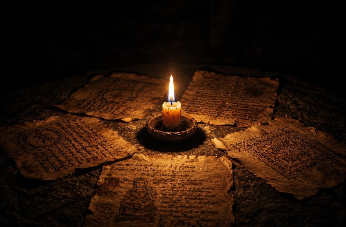 A single candle flame burning in deep darkness illuminating ancient manuscript pages