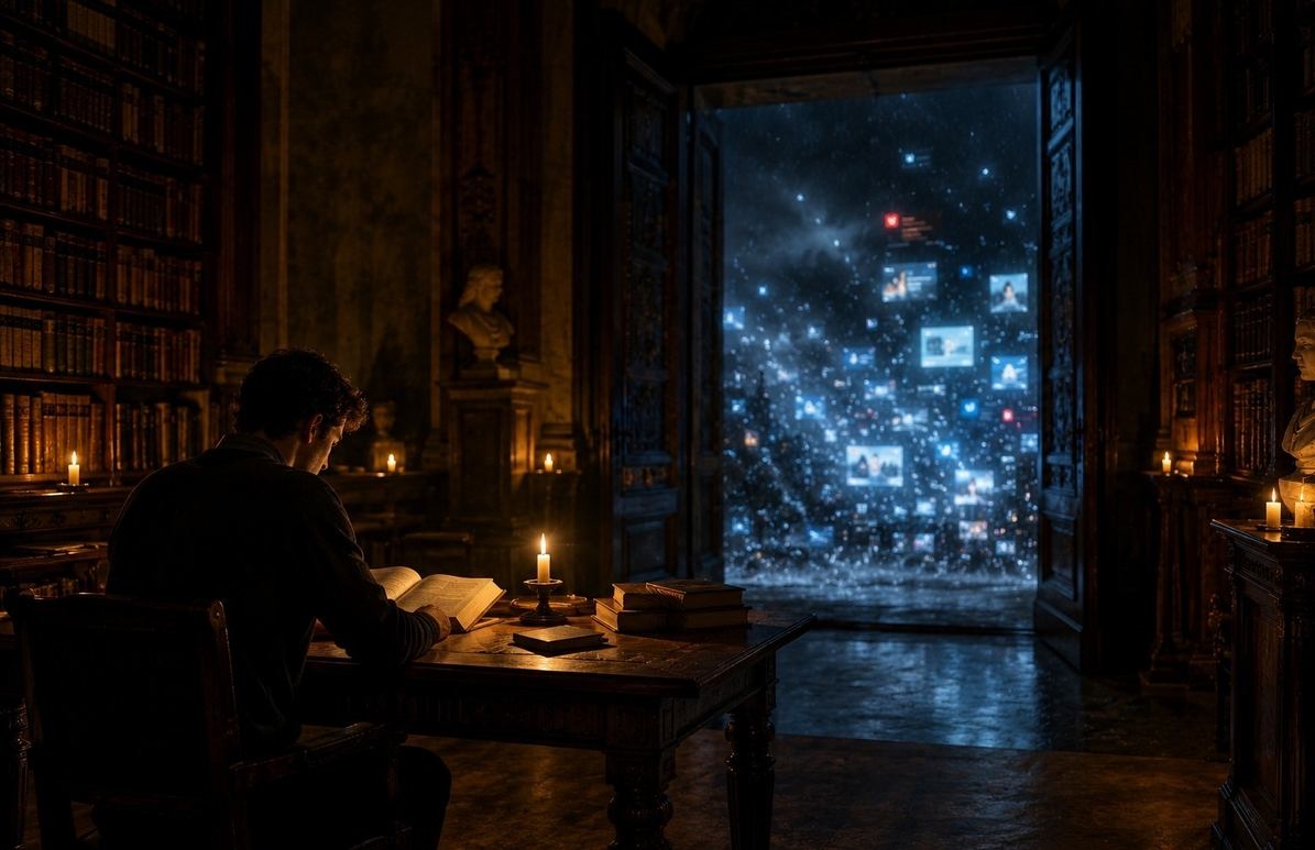 A figure reading by candlelight in a library while digital noise glows outside the doorway, symbolising deep reading as quiet resistance