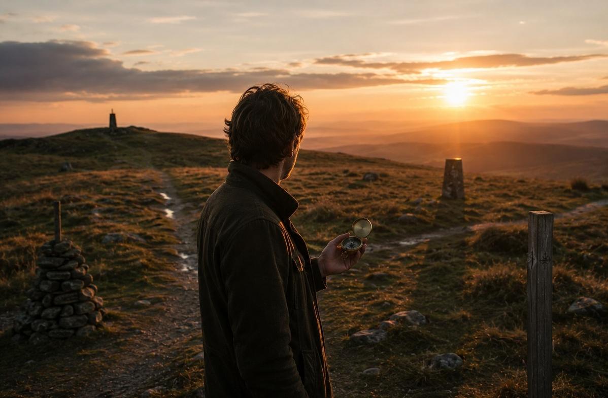 A person standing in an open landscape with a compass in hand while north, south, east and west are marked by natural light, symbolising absolute spatial orientation