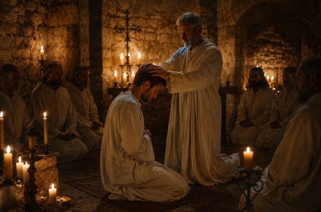A Cathar perfectus in white robes receiving the consolamentum by candlelight in a medieval stone chamber