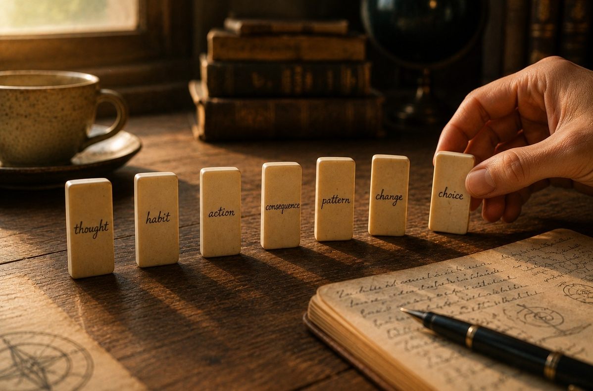 A row of dominoes labelled thought, habit, action, consequence, pattern and change, with a hand placing a new domino labelled choice.
