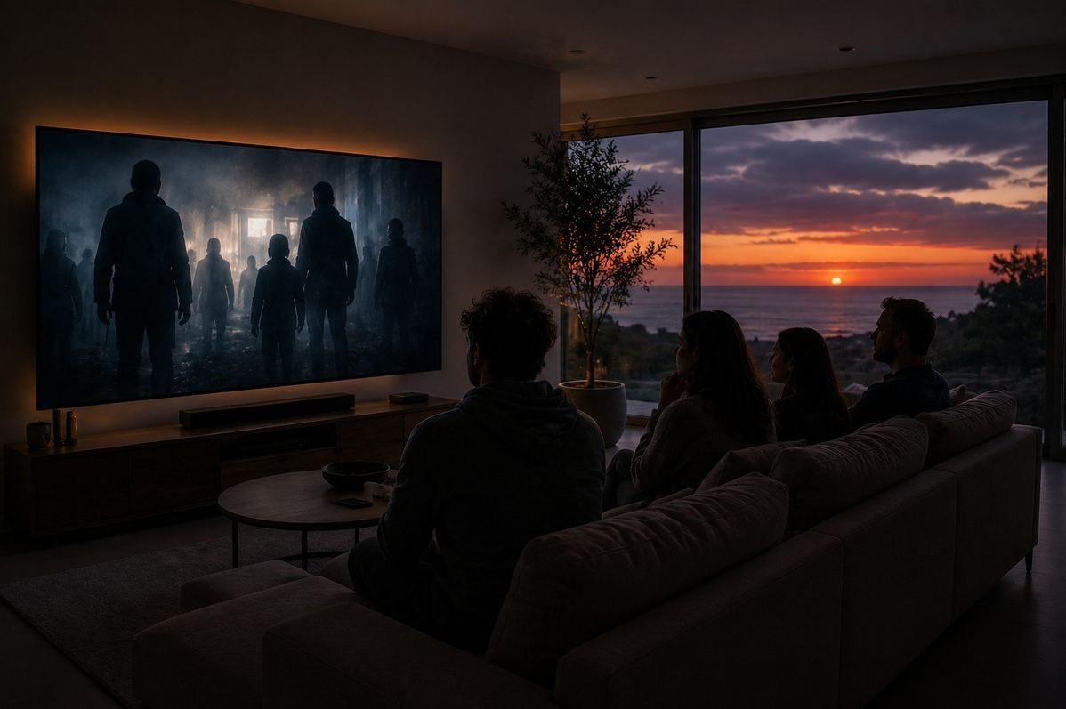 A modern living room where the television screen displays shadowy figures that the viewers mistake for the outside world