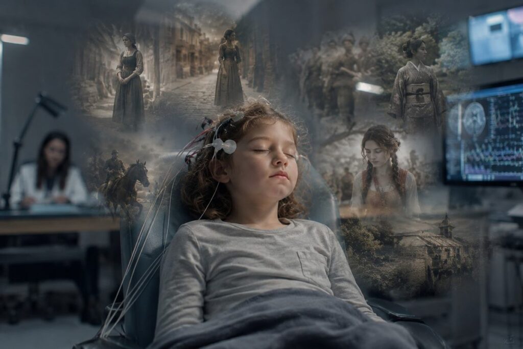 Young child with eyes closed in a soft-lit room, translucent overlay suggesting past life memories